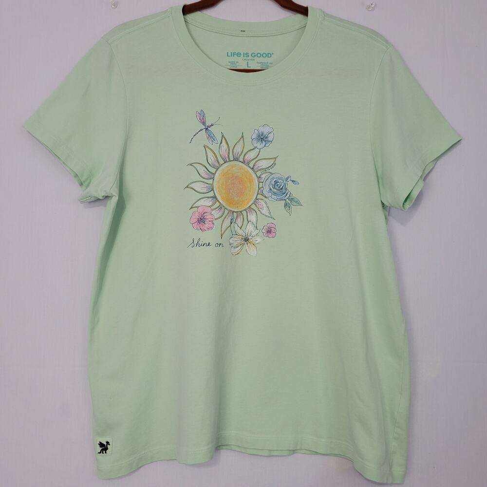 Life Is Good Crusher Short Sleeve Crew Neck T-shirt women's L Floral 'Shine On'